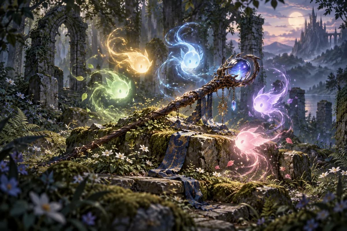 A staff resting on a mossy stone in the ruins, with colorful spirit lights dancing around it