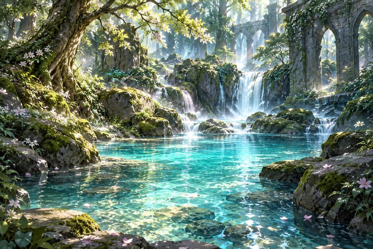 A waterfall spilling into a clear spring beneath old stone arches deep in a sunlit forest
