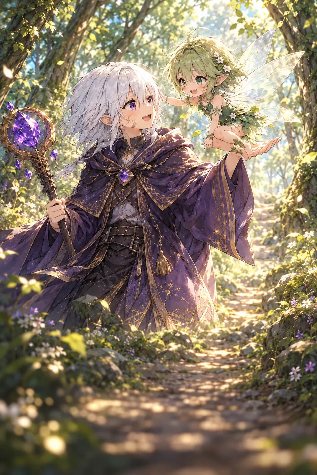 Jis, a mage in a purple robe holding a crystal staff, with the fairy Basil perched on his hand