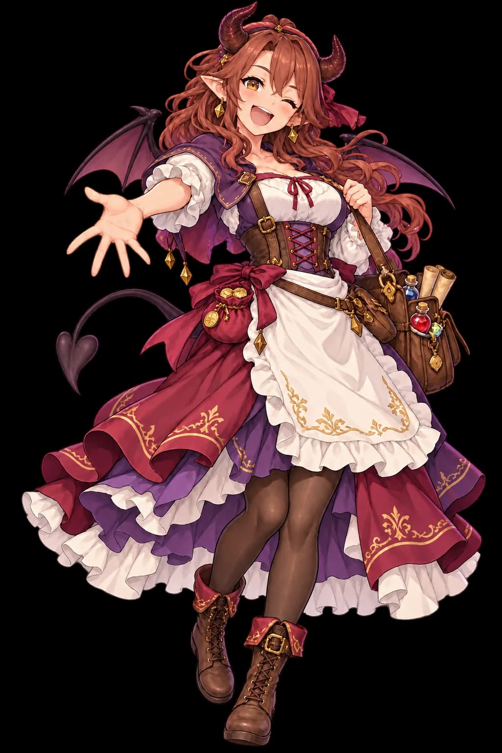 Lilica, a demon shopkeeper with horns and wings, winking and reaching out a hand