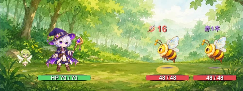 Battle screen: Jis and Basil face two bees in the forest