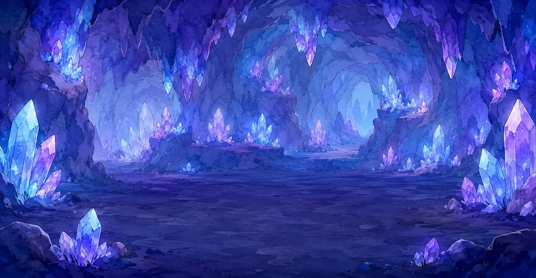 A cave glowing with blue and violet crystals