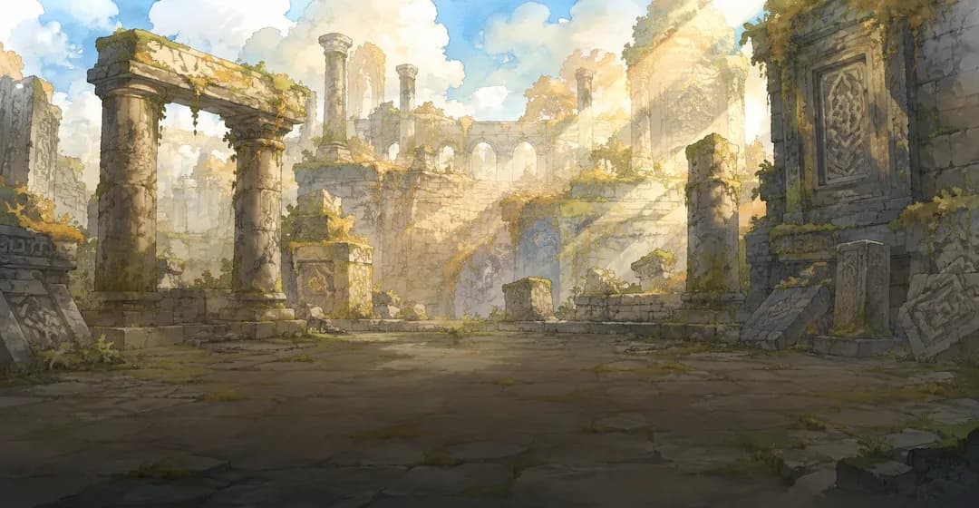 Mossy stone pillars of ancient ruins in shafts of light